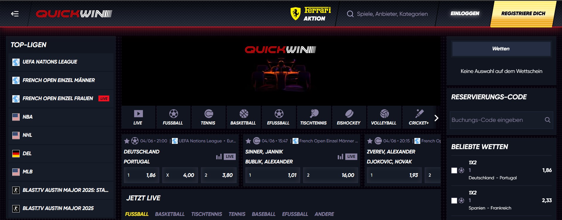Eine Casino-Webseite namens „QuickWin“ präsentiert verschiedene Wettoptionen für Top-Ligen wie UEFA Nations League, French Open, NBA, NHL, DEL und MLB. In der Mitte sind Live-Wetten für Fußball, Tennis, Basketball und Eishockey sichtbar. Rechts gibt es einen Bereich für beliebte Wetten und eine Eingabemaske für Reservierungscodes.